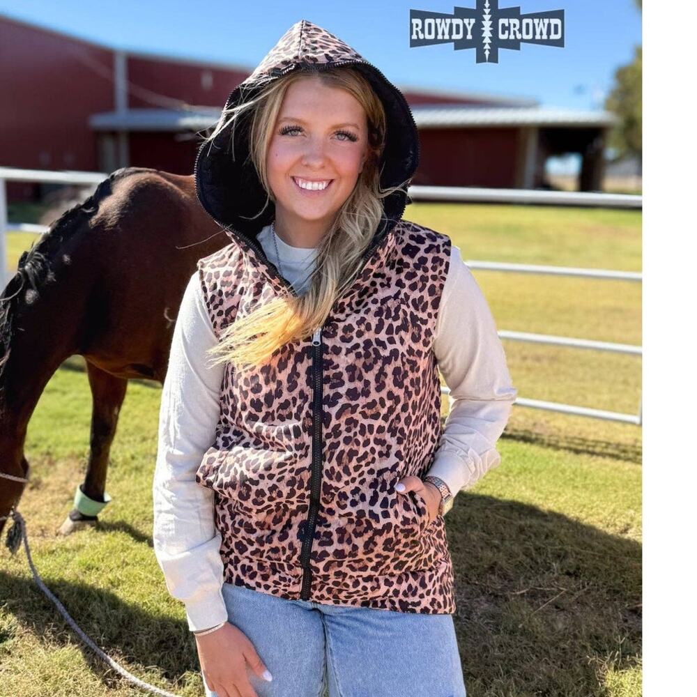 Vagabond Reversible Leopard Black Hooded Puffer Vest